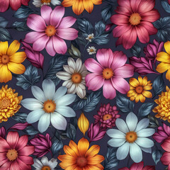 Seamless colorful flowers pattern, realistic style, summer wallpaper design. Generative ai