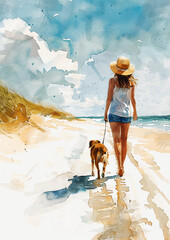summer sand beach, travel girl walking with dog, watercolor illustration