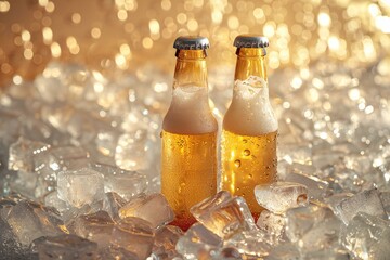 Two small beer bottles sitting within ice cubes
