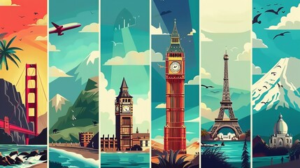 Design a set of modern travel posters for various destinations. --ar 16:9 Job ID:...