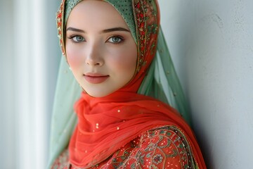 Featuring a beautiful fashion muslim girl in green and red dress, on a white wall