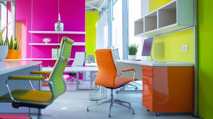 Design a vibrant office with bold color schemes and innovative furniture designs. --ar 16:9 Job ID: 96f8c6d1-e3ae-4a8d-b023-f8310f9953f2
