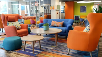 Design a vibrant team collaboration area with colorful furniture and creative decor. --ar 16:9 Job ID: e6729e36-071a-4627-91aa-c52056242dd6