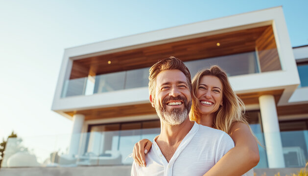 Happy caucasian couple happy warmly smiling and hugging Together in Front of their new modern Home. Architectural buildings, Moving, rental real estate, bank mortgages, Family togetherness concept.