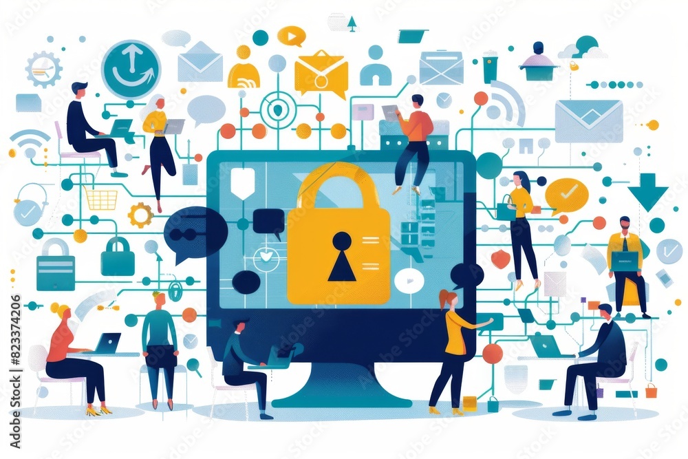 Aufkleber digital security and online transactions concept with secure payment and technology, vector illustra