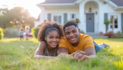 Fototapeta na wymiar Happy African American couple enjoying time Together in Front of Home. Joyful couple lies on lush green grass, smiling warmly. Their children play, adding atmosphere of love, Family togetherness