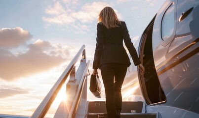 A businesswoman climbs the stairs of private jet