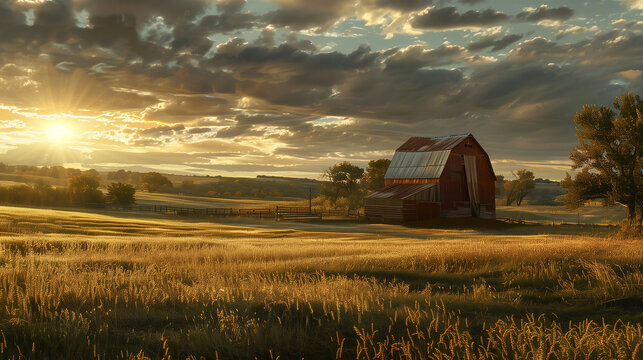 A farm scene with a barn and a field of tall grass. The sun is setting, casting a warm glow over the landscape. The sky is filled with birds flying in various directions, creating a sense of movement