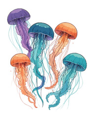 Vector illustration of colorful jellyfish on a white background. © Wirestock