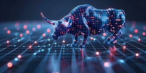 Futuristic digital bull stock market graph on grid background artwork. Concept Abstract Art, Futuristic Design, Technology, Digital Assets, Stock Market