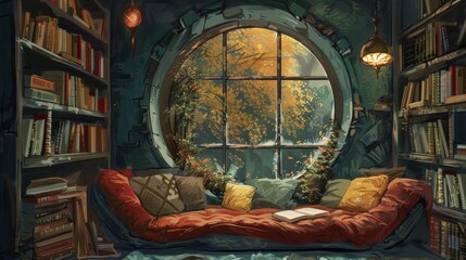 Illustrate a cozy nook with comfortable seating and a quiet atmosphere for reading or relaxing. --ar 16:9 Job ID: ddf06474-e152-454f-8da7-88ca3321814a