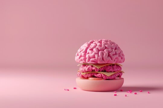 Burger brain on pink surface with sprinkles playful and creative culinary art for food lovers and medical enthusiasts