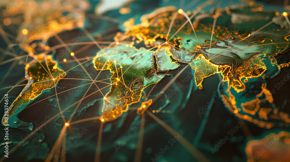 Poster a map of the world with many lights on it. the lights are in different colors and are scattered all 