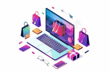 E commerce security and digital transactions with online shopping, vector illustration in purple tones
