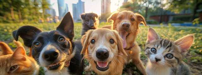 Group of cute cats and dogs taking a selfie in the park on a sunny day. Pets enjoying the outdoors, showcasing mixed breeds and furry companionship with a city skyline in the background