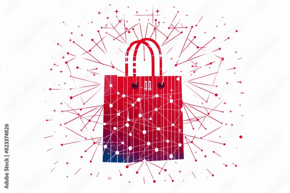Poster digital shopping with secure transactions and e commerce, vector illustration in red tones