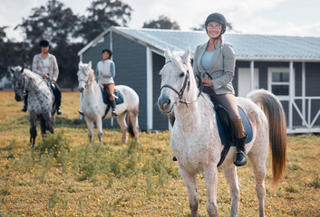 Woman, countryside and horseback riding or equestrian sport, Appaloosa horse and friends on...