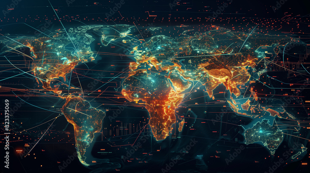 Poster a map of the world with many lights on it. the lights are in different colors and are scattered all 