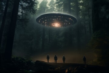 Silhouetted figures face a hovering ufo with glowing lights in a foggy, wooded landscape