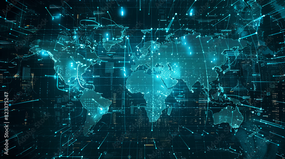Poster a map of the world with many lights on it. the lights are in different colors and are scattered all 