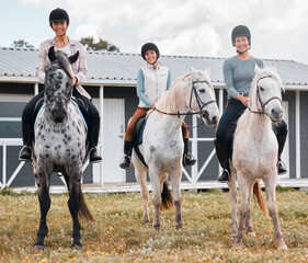 Friends, countryside and horseback riding or equestrian portrait, Appaloosa horse and woman on...