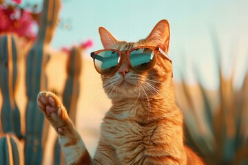 Illustration of  orange cat wearing sunglasses, high quality, high resolution - Powered by Adobe