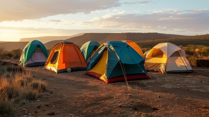 A collection of tents on a dirt field, ideal for outdoor camping and adventure themes, clear sky and natural surroundings, inviting and adventurous