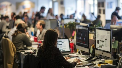 Obraz premium Busy Newsroom with Journalists Working and Computers Displaying Articles 