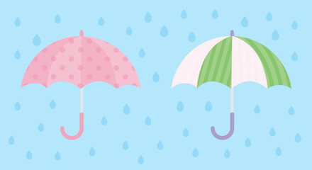 雨に濡れるピンクと緑と青の傘のベクター風景画像