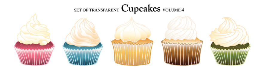 Cupcakes in colorful colors on transparent background. Set of isolated dessert illustration in hand drawn style. Food elements for coloring book, sticker or design. Volume 4.