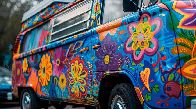 Artistic close-up of a colorful van with floral designs, perfect for outdoor camping, showcasing bright colors and detailed patterns