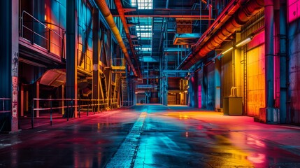 Colorful abandoned factory interior for industrial or cyberpunk themed designs