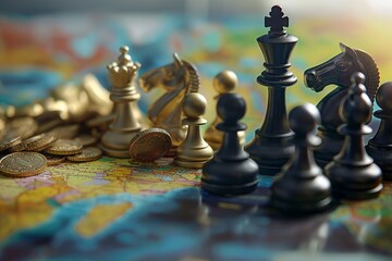 Fototapeta premium chess game on earth map symbol for economic strategy by generative ai