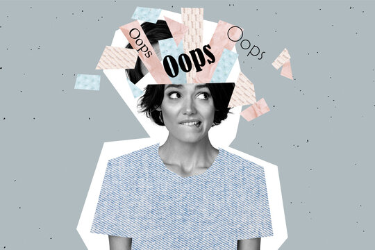 Composite photo collage of minded girl cut head oops concept awkward situation failure uncertain hesitant isolated on painted background
