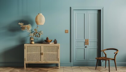A lightly colored cabinet with a wicker pattern, placed in the center of an empty room next to the door and chair
