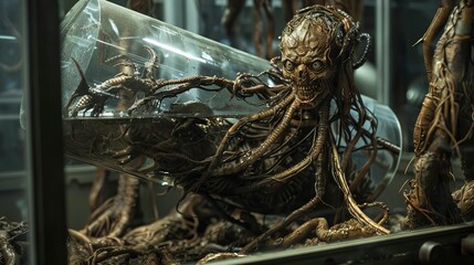 Alien monster suspended in a glass water tube, surrounded by intricate roots in a secret room, close-up view with raw and intense details