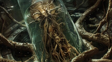 Alien monster suspended in a glass water tube, surrounded by intricate roots in a secret room, close-up view with raw and intense details