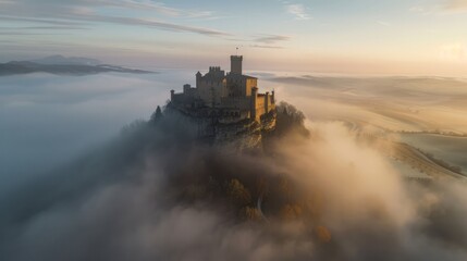 An ancient castle on a hilltop surrounded by fog. --ar 16:9 Job ID: 96d2461b-c097-4ada-a1e8-e2bcb45255c6