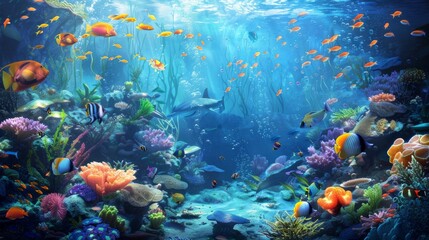 An underwater scene with vibrant fish and corals. --ar 16:9 Job ID:...