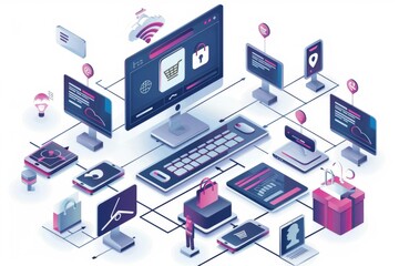 Illustration of secure mobile shopping with digital elements and vibrant colors, emphasizing the protection of personal data