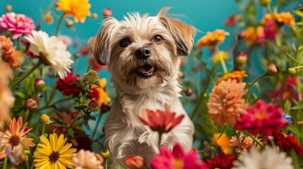 A small dog is standing in a field of flowers