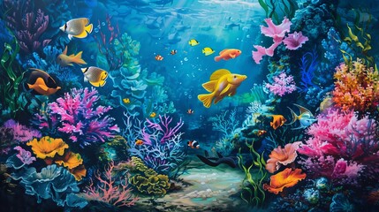 Fototapeta na wymiar An underwater scene with vibrant fish and corals. --ar 16:9 Job ID: a762131e-daeb-4cfe-b92f-eb44f9ca5355