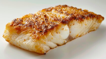 Gourmet Pan-Seared Cod Fillet Close-up on White Background | Detailed Macro Shot of Golden-Brown Crispy Skin & Juicy Flaky Fish Texture