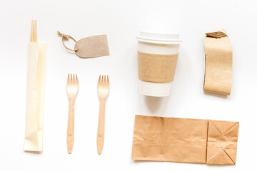 paper bags for food delivery restourant white table background top view mockup