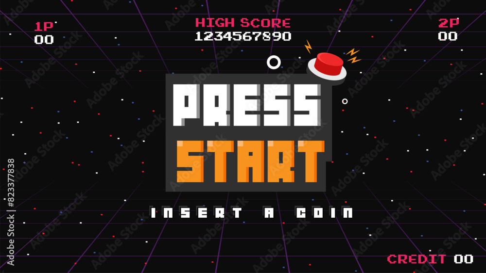 Poster press start insert a coin to continue .pixel art .8 bit game.retro game. for game assets in vector i