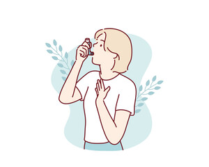 Woman uses an asthma inhaler against attack. World asthma day. Hand drawn style vector design illustrations.