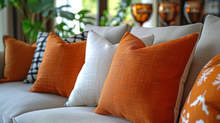 A cozy living room setting with a stylish sofa adorned with multiple orange-toned decorative throw pillows