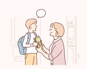 Happy family preparing for school. Little boy with mother. Hand drawn style vector design illustrations.