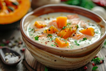 White Cream Soup with Pumpkin and Salmon, Creamy Seasoned Fish Broth with Vegetables