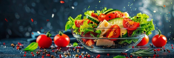 Cheese Vegetables Salad, Sliced Tomatoes, Cucumbers, Lettuce Leaves, Dry Aromatic Herbs